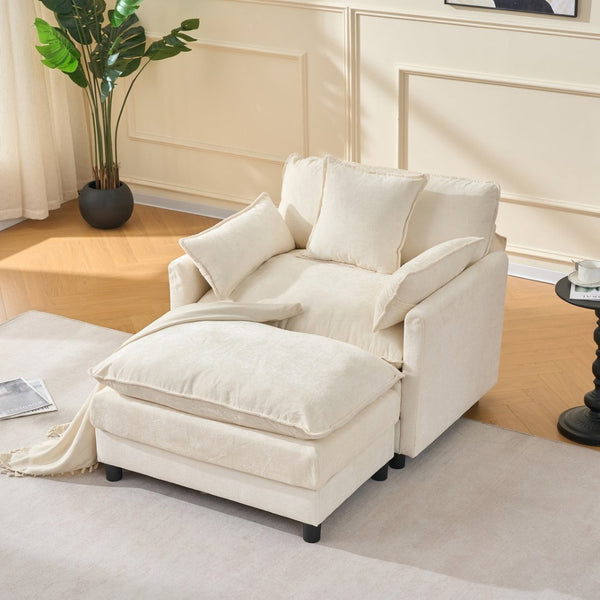 English Elm 39.4" Chenille Club Chair with Ottoman Solid Wood Frame for Living Room or Bedroom Beige W3244P392643