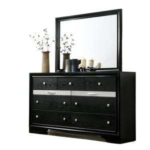English Elm Black Dresser w Mirror Set – Gleaming Black Finish, Silver Accents, Hidden Jewelry Drawer, 63"W Elegance B2741S00553