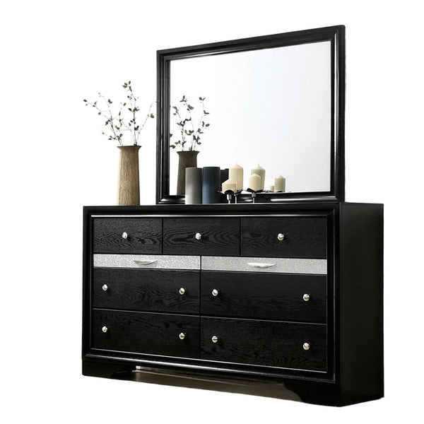 English Elm Black Dresser w Mirror Set – Gleaming Black Finish, Silver Accents, Hidden Jewelry Drawer, 63"W Elegance B2741S00553
