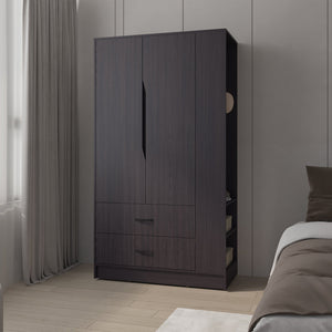 English Elm Wenge 3-Door Wardrobe with Drawer, Open Side Shelf & Hanging Rods — Deep Finish, Durable Storage B062S01382