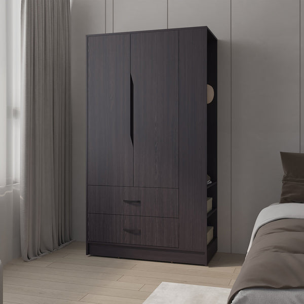 English Elm Wenge 3-Door Wardrobe with Drawer, Open Side Shelf & Hanging Rods — Deep Finish, Durable Storage B062S01382