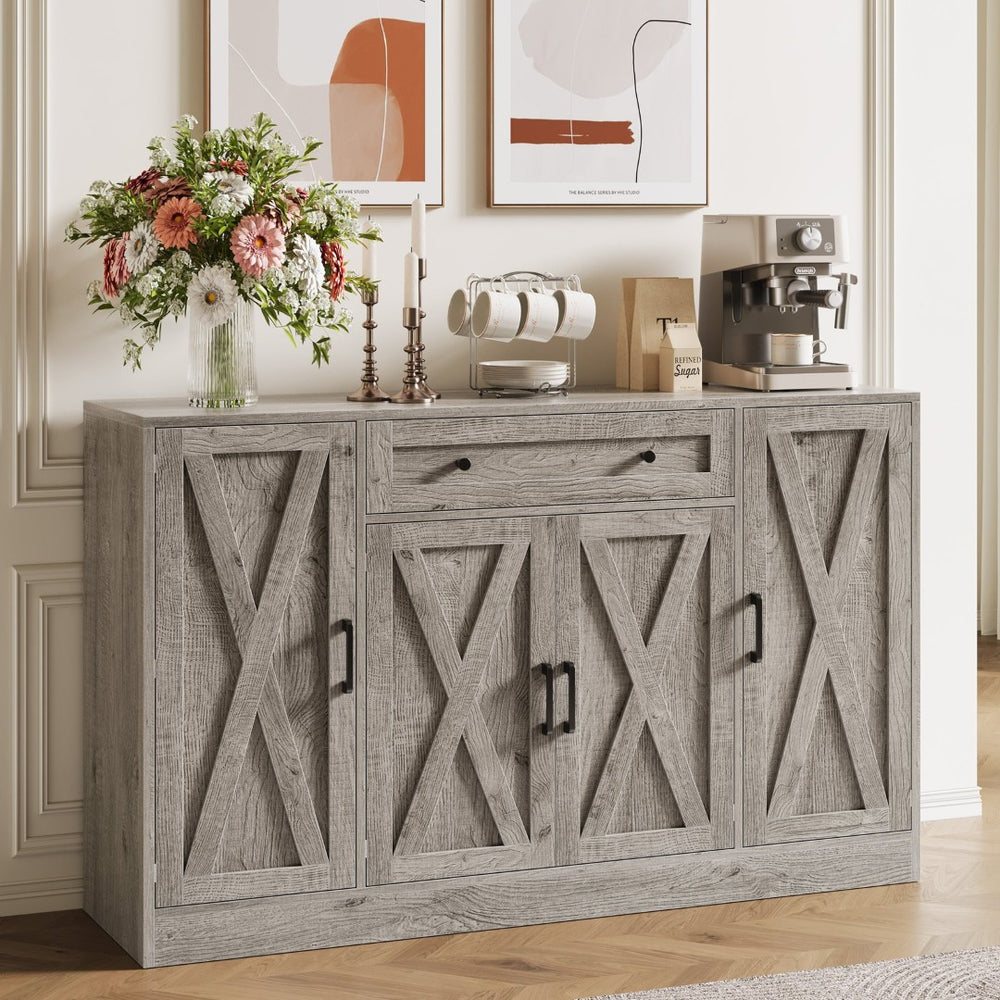 English Elm Buffet Sideboard 55 Inch Farmhouse Credenza with Barn Doors Drawer and Open Shelving Gray T5618P451111