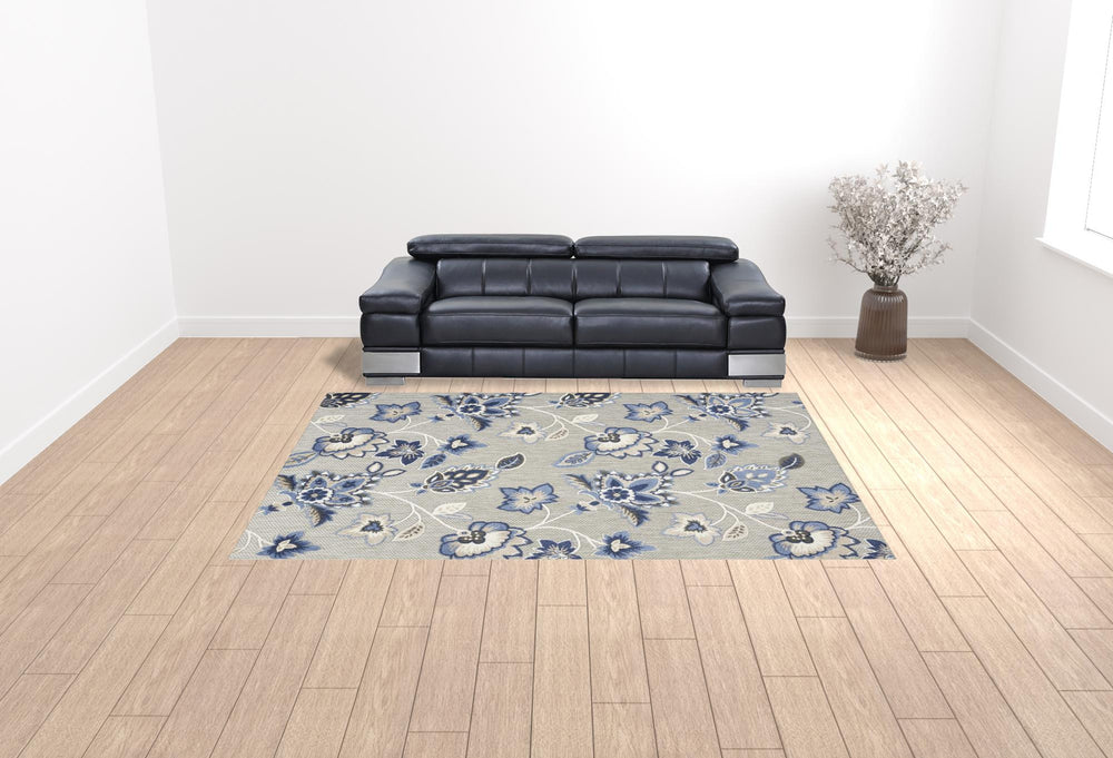 Homeroots 9' X 12' Blue And Grey Floral Stain Resistant Non Skid Area Rug  Polypropylene 505579