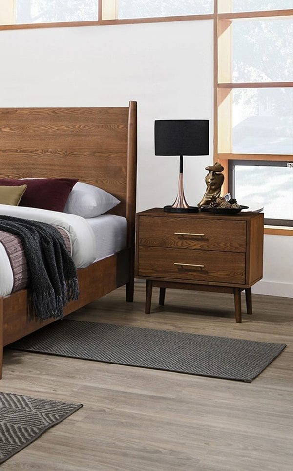 English Elm Walnut 3-Piece Mid-Century Modern Bedroom Set - Queen Bed & 2 Nightstands In Elegant Beige Upholstery B2741S00464-GIGA