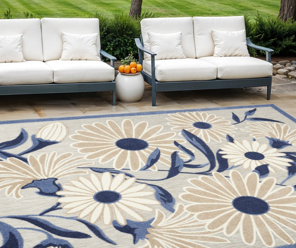 HomeRoots 9' Blue and Gray Floral Area Rug - Durable Non-Skid Indoor Outdoor Design for Stylish Living Spaces 9' X 12' 505585