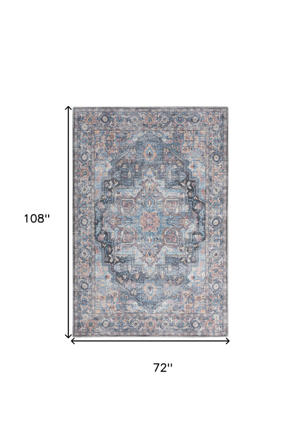 Homeroots 6' X 9' Light Blue And Orange Medallion Distressed Washable Area Rug  Polyester 505595