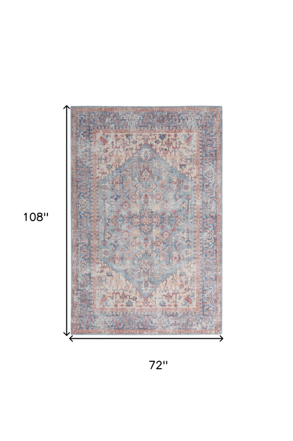 Homeroots 6' X 9' Blue And Orange Medallion Distressed Washable Area Rug  Polyester 505600