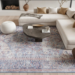 HomeRoots 5' Blue Oriental Power Loom Area Rug - Distressed Vintage Design, Washable & Soft Chenille Blend 6' X 9' 505600
