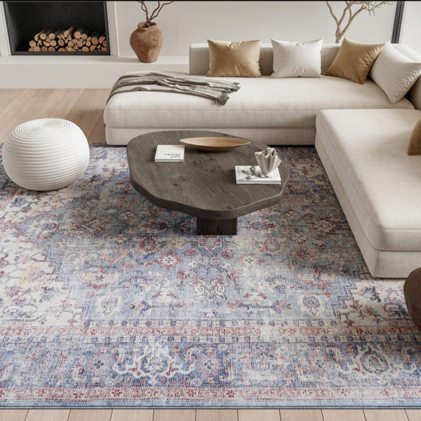 HomeRoots 5' Blue Oriental Power Loom Area Rug - Distressed Vintage Design, Washable & Soft Chenille Blend 6' X 9' 505600