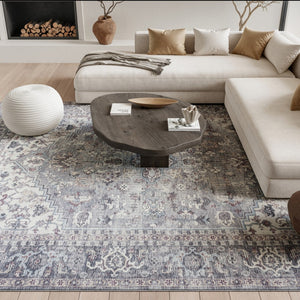 HomeRoots 5' Elegant Grey Oriental Area Rug - Distressed Vintage Style, Soft Chenille, Machine-Washable Design 6' X 9' 505601
