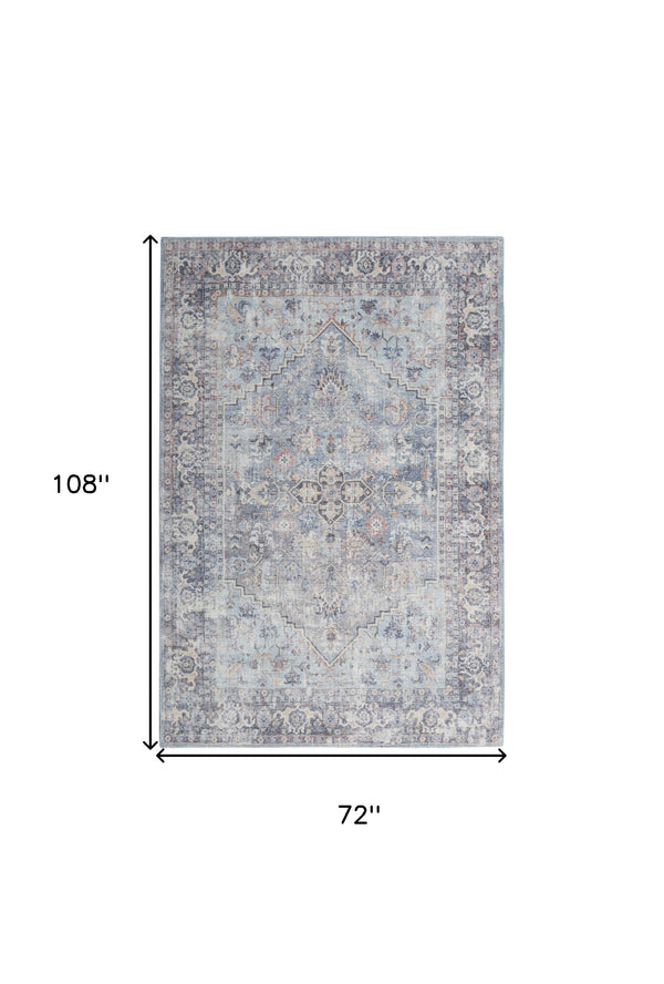 Homeroots 6' X 9' Light Grey And Blue Medallion Distressed Washable Area Rug  Polyester 505602