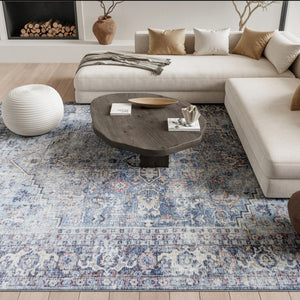 HomeRoots 5' Light Grey and Blue Oriental Rug - Distressed Washable Flatweave for Modern Living Spaces 6' X 9' 505602