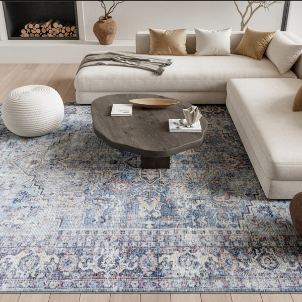 HomeRoots 5' Light Grey and Blue Oriental Rug - Distressed Washable Flatweave for Modern Living Spaces 6' X 9' 505602