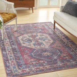 HomeRoots 5' Southwestern Area Rug with Distressed Medallion Design in Rich Red and Navy for Boho Charm 6' X 9' 505603