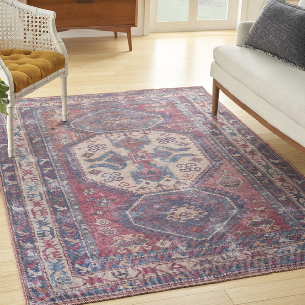 HomeRoots 5' Southwestern Area Rug with Distressed Medallion Design in Rich Red and Navy for Boho Charm 6' X 9' 505603