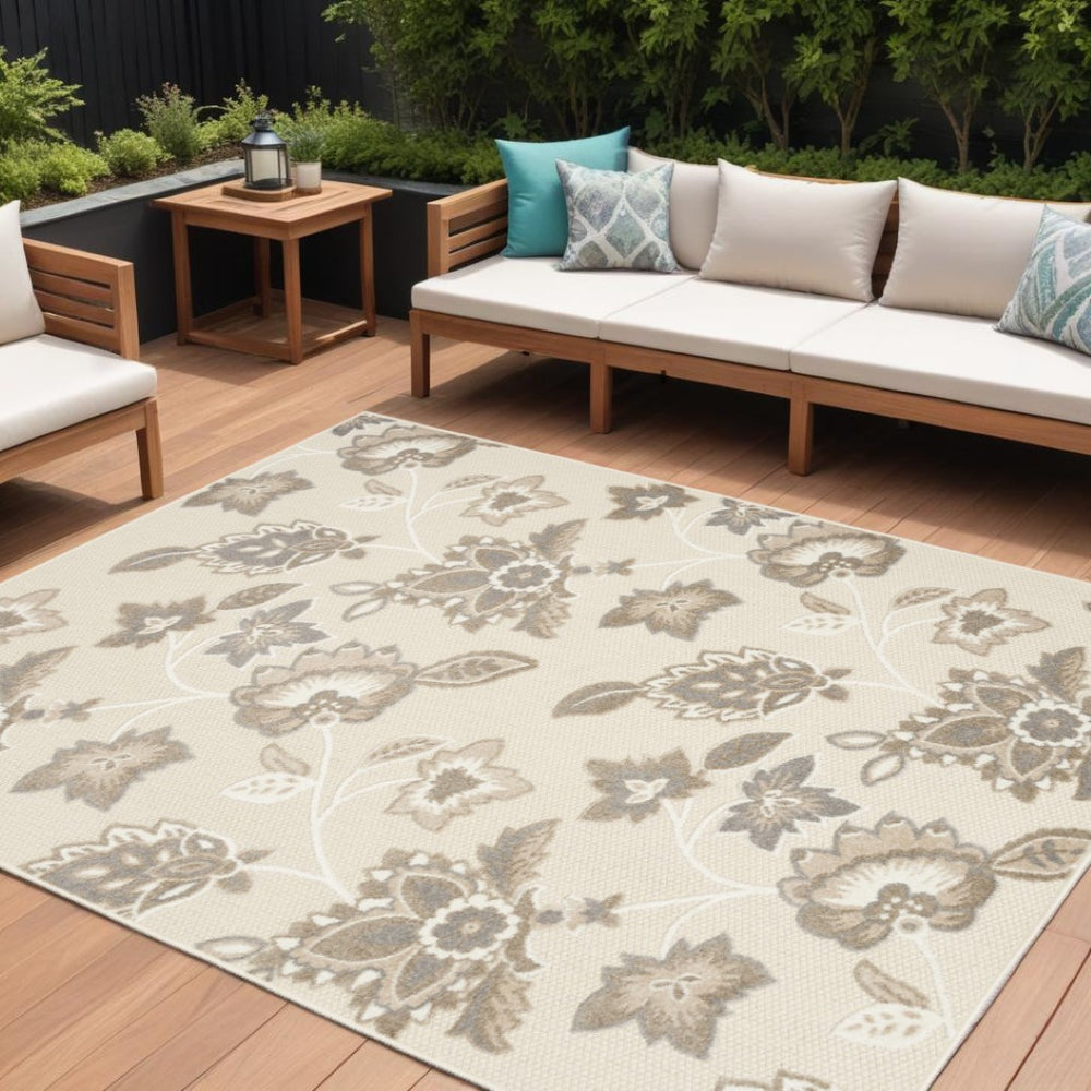 HomeRoots 7' Beige Floral Area Rug - Durable, Non-Skid Indoor/Outdoor Design for Timeless Elegance and Style 7' X 10' 505608