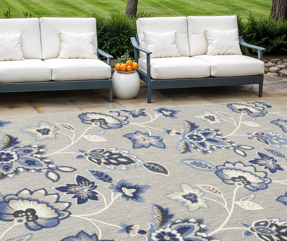 Homeroots 8' X 11' Blue And Gray Floral Non Skid Indoor Outdoor Area Rug  Polypropylene 505614