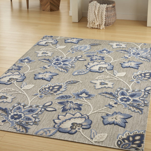 HomeRoots 8' Blue and Gray Floral Indoor/Outdoor Area Rug - Durable, Stain-Resistant, Perfect for High-Traffic Spaces 505614