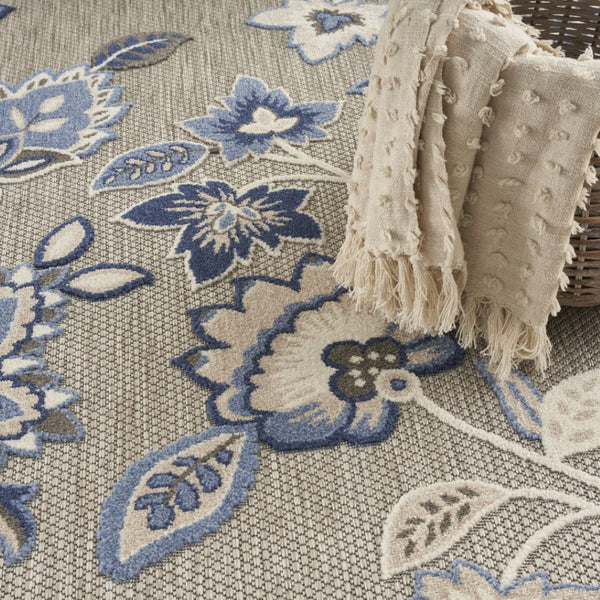 HomeRoots 8' Blue and Gray Floral Indoor/Outdoor Area Rug - Durable, Stain-Resistant, Perfect for High-Traffic Spaces 505614