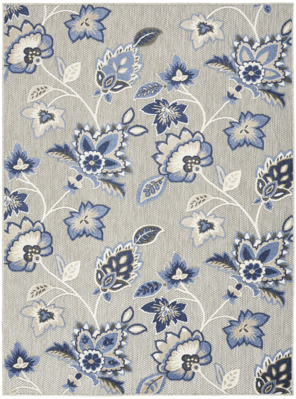 HomeRoots 8' Blue and Gray Floral Indoor/Outdoor Area Rug - Durable, Stain-Resistant, Perfect for High-Traffic Spaces 505614