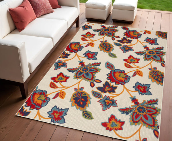 Homeroots 4' Gray Blue & Orange Floral Non-skid Area Rug - Durable Indoor/Outdoor Design For High Traffic Areas 4' X 6' Polypropylene 505617