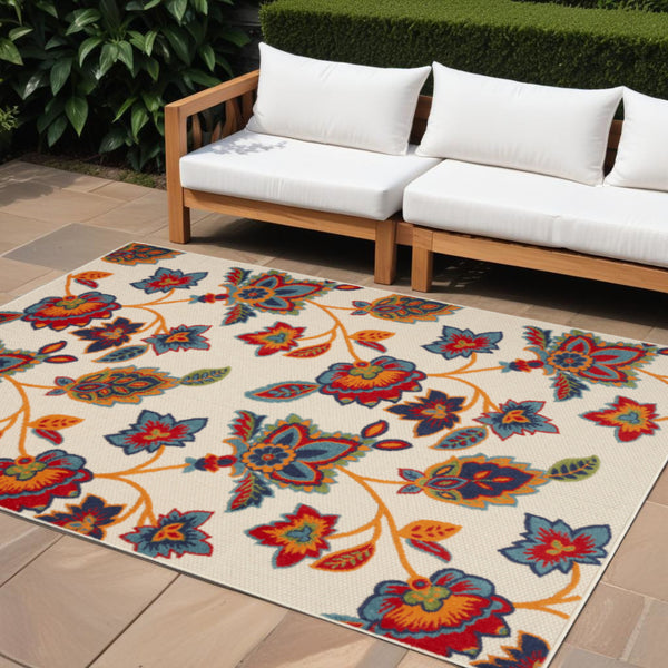 Homeroots 8' X 11' Gray Blue And Orange Floral Non Skid Indoor Outdoor Area Rug  Polypropylene 505619