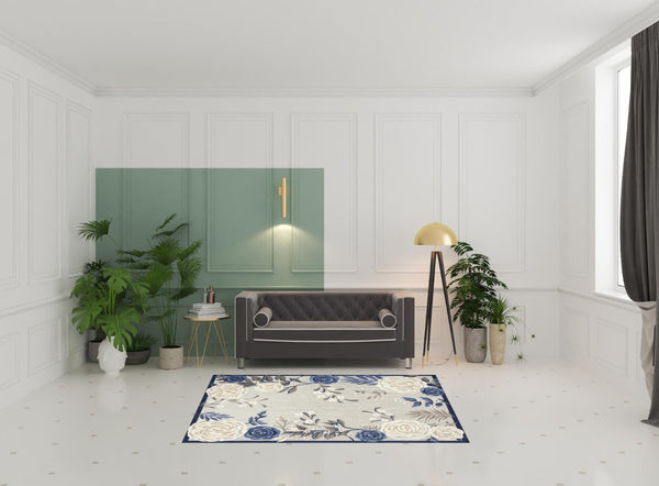 HomeRoots 9' Blue and Grey Floral Area Rug – Stain Resistant, Non-Skid Backing for Durable Everyday Living 5' X 8' 505623