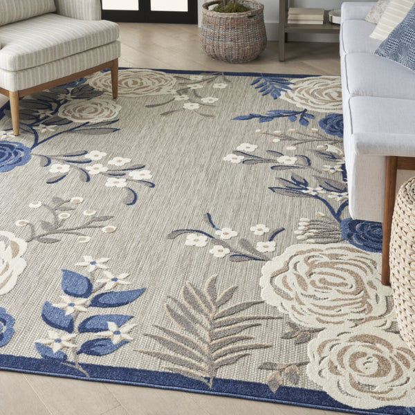 HomeRoots 9' Blue and Grey Floral Area Rug – Stain Resistant, Non-Skid Backing for Durable Everyday Living 5' X 8' 505623