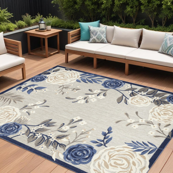 HomeRoots 8' Blue and Gray Floral Non-Skid Area Rug - Durable, Stylish, Indoor/Outdoor Solution for Homes 8' X 11' Rectangle 505624
