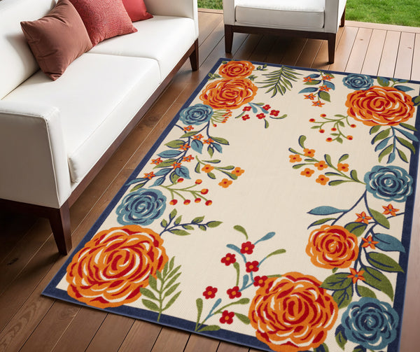 Homeroots 4' X 6' Ivory Blue And Orange Floral Non-skid Rug - Stylish, Durable For Indoor & Outdoor Use! 4' X 6' Polypropylene 505627