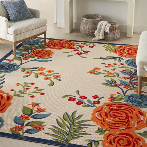 Homeroots 4' X 6' Ivory Blue And Orange Floral Non-skid Rug - Stylish, Durable For Indoor & Outdoor Use! 4' X 6' Polypropylene 505627