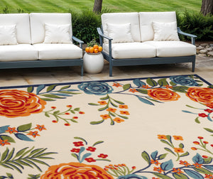 Homeroots 8' X 11' Ivory Blue And Orange Floral Non Skid Indoor Outdoor Area Rug  Polypropylene 505629