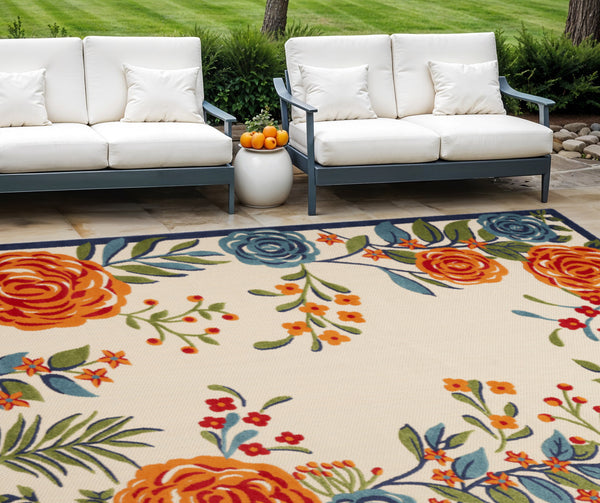 Homeroots 8' X 11' Ivory Blue And Orange Floral Non Skid Indoor Outdoor Area Rug  Polypropylene 505629