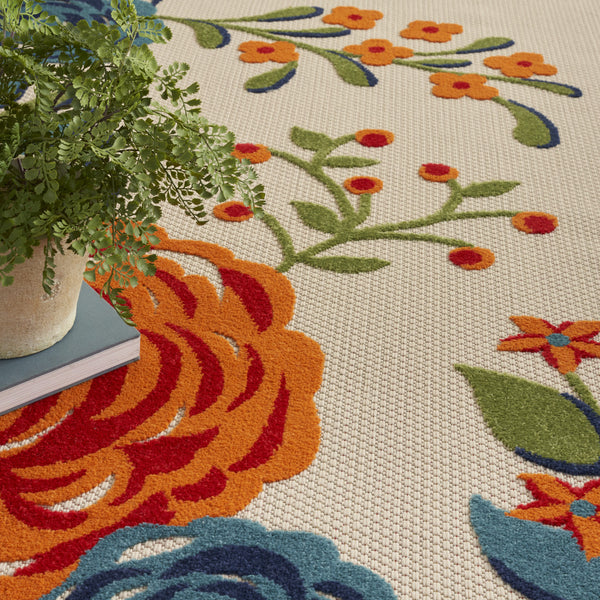 Homeroots 8' X 11' Ivory Blue And Orange Floral Non Skid Indoor Outdoor Area Rug  Polypropylene 505629