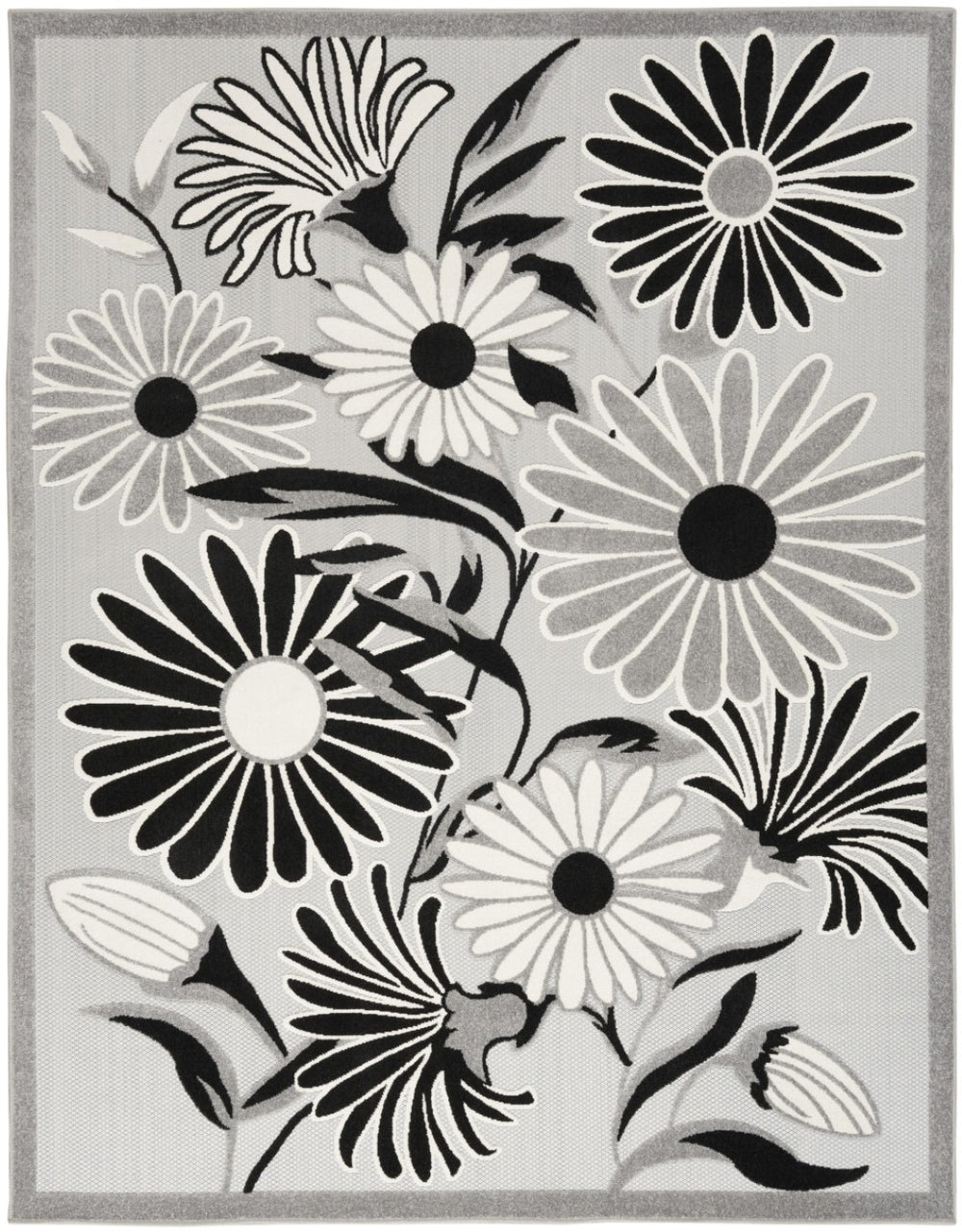 HomeRoots 9' Black and White Floral Area Rug - Stain Resistant, Non-Skid, Durable Design for Modern Living Spaces 7' X 10' 505636