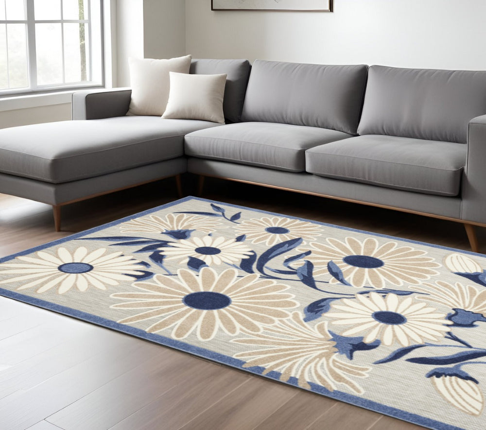 HomeRoots 6' Blue and Grey Floral Area Rug - Stain Resistant, Non-Skid, Perfect for Busy Homes and Stylish Decor 7' X 10' 505641