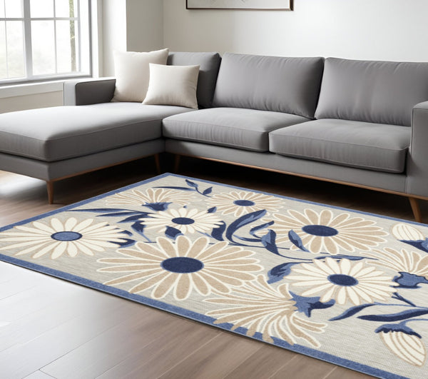 HomeRoots 6' Blue and Grey Floral Area Rug - Stain Resistant, Non-Skid, Perfect for Busy Homes and Stylish Decor 7' X 10' 505641