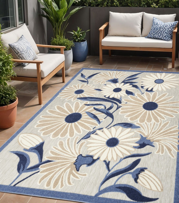 Homeroots 5' X 8' Blue And Gray Floral Non Skid Indoor Outdoor Area Rug  Polypropylene 505643