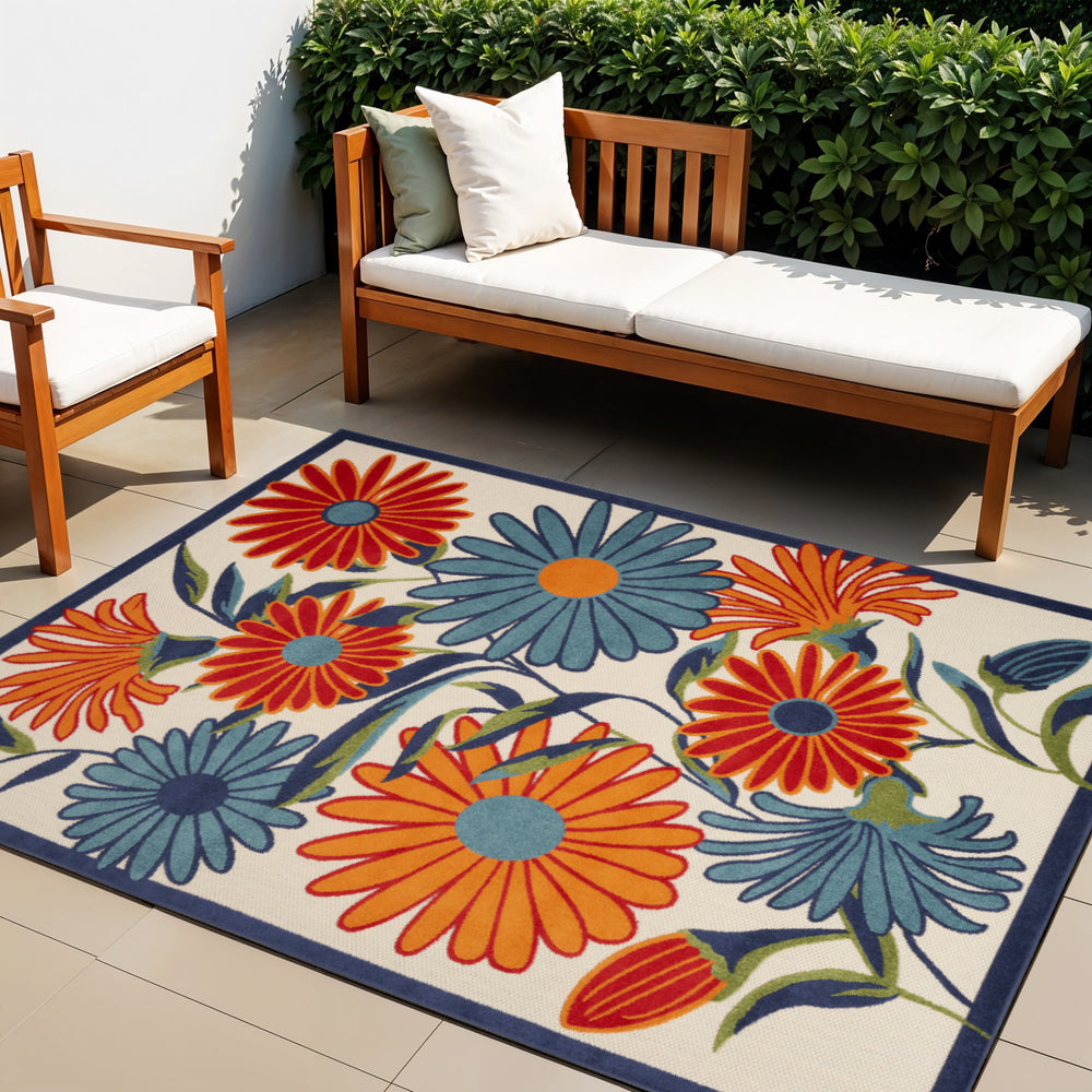 Homeroots 4' Elegant Ivory Blue & Orange Floral Non-skid Area Rug For Indoor/Outdoor Spaces, Stain Resistant 4' X 6' Polypropylene 505647