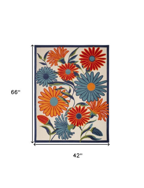 Homeroots 4' Elegant Ivory Blue & Orange Floral Non-skid Area Rug For Indoor/Outdoor Spaces, Stain Resistant 4' X 6' Polypropylene 505647