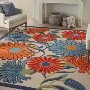 Homeroots 4' Elegant Ivory Blue & Orange Floral Non-skid Area Rug For Indoor/Outdoor Spaces, Stain Resistant 4' X 6' Polypropylene 505647