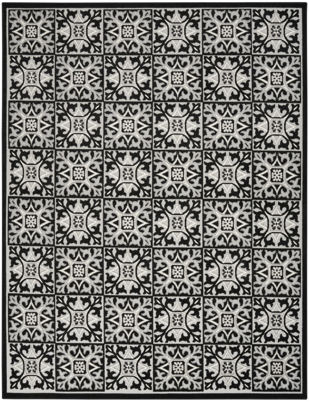 HomeRoots 9' Black and White Fleur De Lis Area Rug - Stain Resistant, Non-Skid, Elegant Design for Any Room 5' X 8' 505653