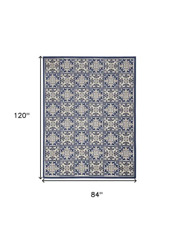 Homeroots 7' X 10' Blue Fleur De Lis Stain Resistant Non Skid Area Rug  Polypropylene 505656