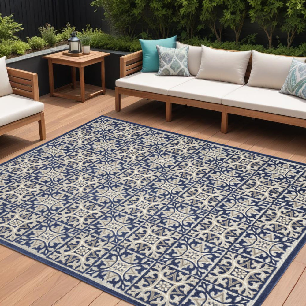 Homeroots 8' X 11' Blue Geometric Non Skid Indoor Outdoor Area Rug  Polypropylene 505659