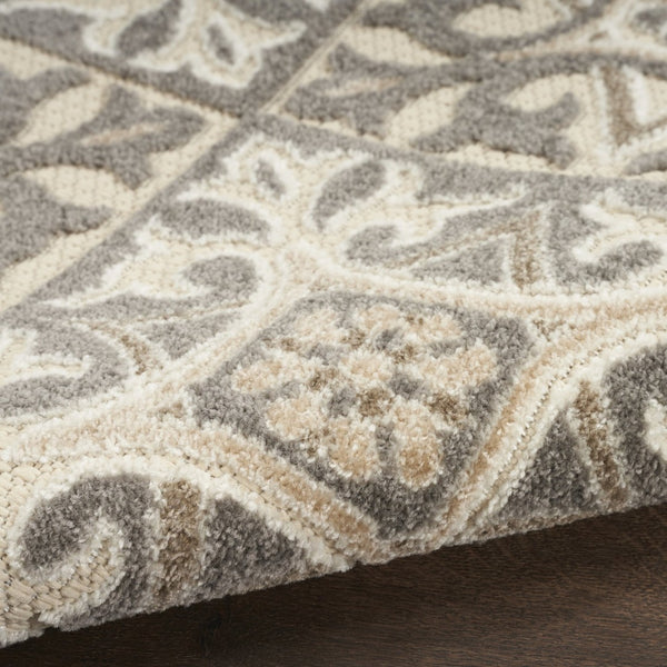 HomeRoots 9' Elegant Ivory and Grey Fleur De Lis Area Rug - Stain Resistant, Non-Skid, Perfect for Homes 6' X 9' 505660
