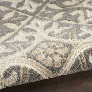 HomeRoots 9' Elegant Ivory and Grey Fleur De Lis Area Rug - Stain Resistant, Non-Skid, Perfect for Homes 7' X 10' 505661