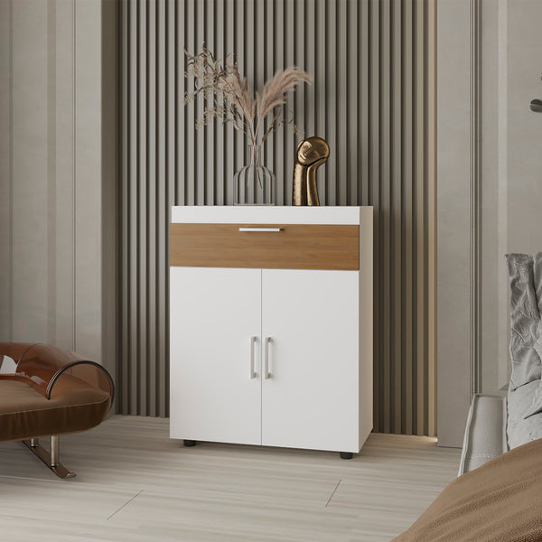 English Elm FM North Fork Shoe Rack with Pneumatic Lift-Up Compartment, Dual Doors, Scratch-Resistant Oak White Finish B128P301388