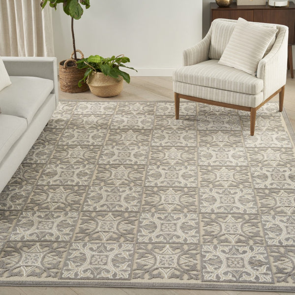 HomeRoots 9' Elegant Ivory and Grey Fleur De Lis Area Rug - Stain Resistant, Non-Skid, Perfect for Homes 5' X 8' 505663