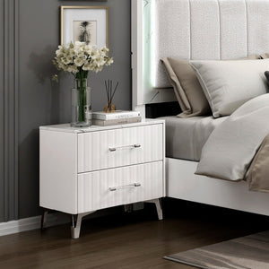 English Elm Glam Two Drawer Nightstand Faux Marble Top Chrome Legs White Bedroom Side Table B011P443207