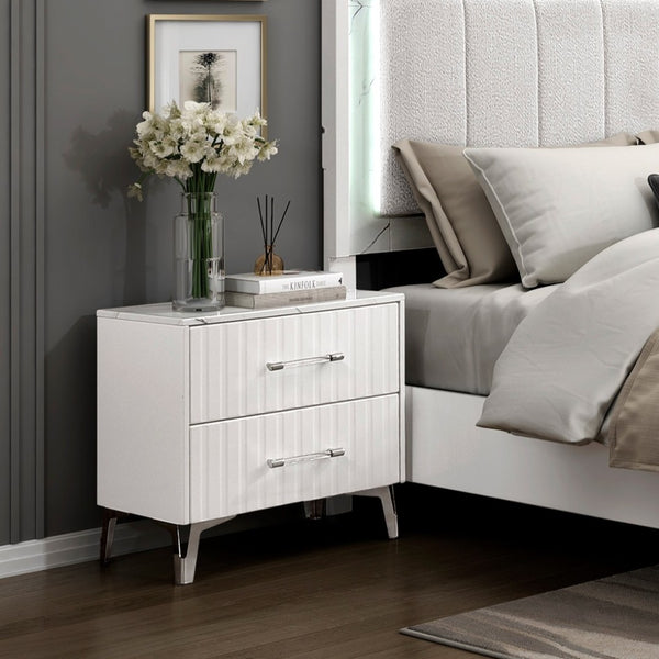 English Elm Glam Two Drawer Nightstand Faux Marble Top Chrome Legs White Bedroom Side Table B011P443207